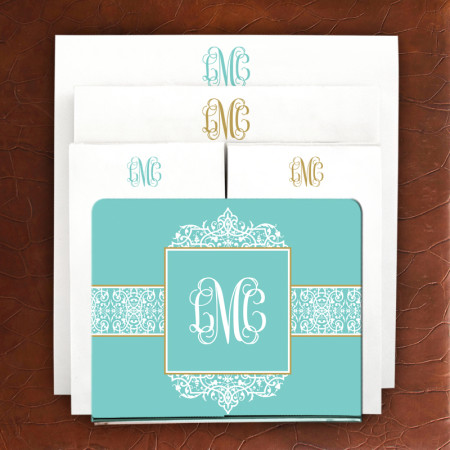 Designer Acrylic Holder & Memo Pad Set - 14-Aqua Damask
